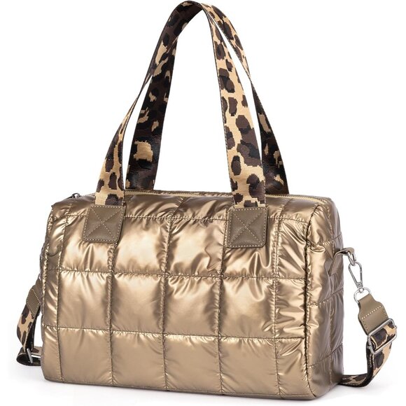 Gold Quilted Crossbody Bag for Women - Puffy Shoulder Purse with Detachable Stra - Picture 1 of 7
